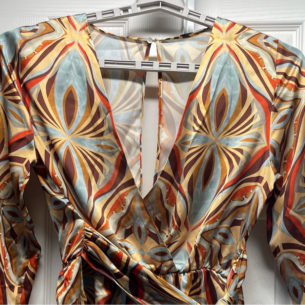 Zara Women’s Retro Printed V-neck Mini Dress With Wrap Belt Long Sleeve Size L - Picture 7 of 11